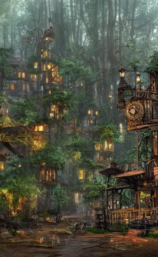 Image similar to a steampunk village in a forest, surrounded by giant trees, in the rain, photo realistic, junk everywhere, atmospheric, 8k