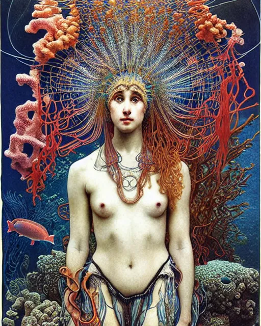Image similar to realistic detailed underwater portrait of the beutiful young goddess of the fish of the three times with an intricate headdress of corals, sea kelp, sea plants, fish, jellyfish, art by ernst haeckel, zdzisław beksinski, h. r. giger, alphonse mucha, gothic, neo - gothic, ornamental,