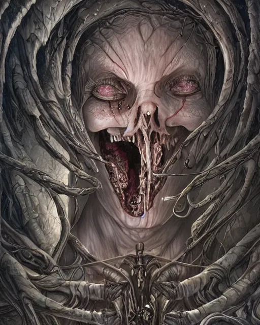 Image similar to death is swallowed up in victory, very detailed and beautiful womans face, screaming with fear, artwork by artgerm, centered shot, wide angle, full body, elfpunk, artwork by naoto hattori, giger, landscape art by john howe
