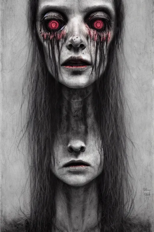 Image similar to charcoal cartoon grunge portrait of a creepy horror nurse girl . intricate abstract. intricate artwork. nightmare fuel. terrifying. by zdzisław Beksiński, wlop, dan mumford , trending on artstation, greg rutkowski very coherent symmetrical artwork. cinematic, hyper realism, high detail, octane render, 8k