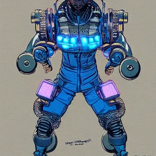 Image similar to Apex legends cyberpunk weight lifter. Concept art by James Gurney and Mœbius.