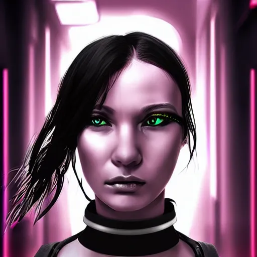 Image similar to headshot digital artwork of cyberpunk woman wearing thick black choker around neck, collar on neck, realistic, artstation cyberpunk art, cyberpunk style, neon,