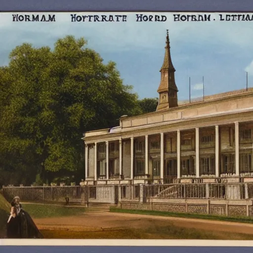 Prompt: postcard of Horniman museum in London 1851 , ultra realistic , sharp-focus , photo realism , with depth of field, renderman , hd, ultra-hd - W 768