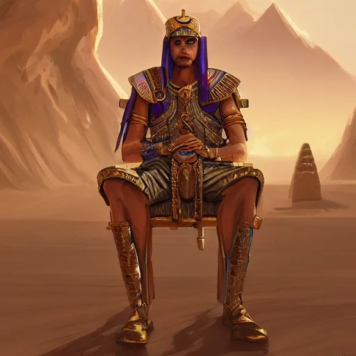 Prompt: An egyptian prince sitting on his royal throne in the steampunk capital of a sand desert, highly detailed, digital painting, artstation, concept art, smooth, sharp focus, illustration, art by WLOP