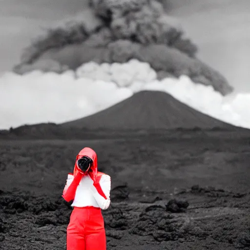 Image similar to woman with white suit, she wear red eyed gasmask, in volcano, standing close to volcano, fire raining, professional photography, black and white, cinematic, eerie