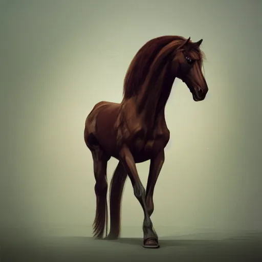 Image similar to photo of anthropomorphic horse wearing a coat, digital art, photo realistic, highly detailed, art by george stubbs, anton fadeev, james gurney, ilya kuvshinov
