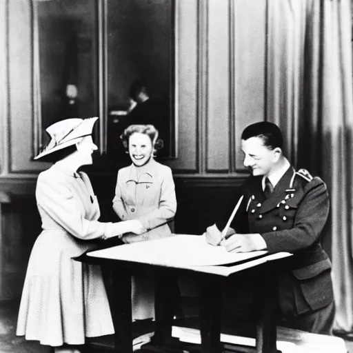 Image similar to 5 0 mm 1 9 4 6 historical photo, of a single german general and a young queen elizabeth signing a peace treaty, a cute corgi watches from above, french village interior, highly detailed, sharp focus, symmetrical face