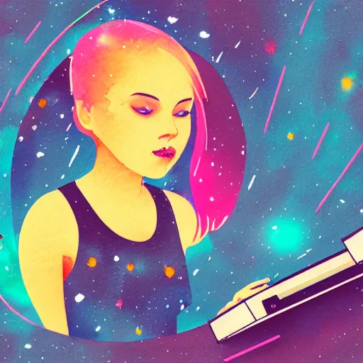 Image similar to an isometric watercolor illustration of a girl with an old printer in space, flat synthwave art style