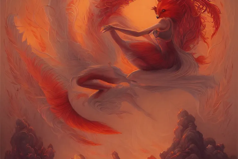 Image similar to prompt A beautiful red orange kumiho, nine fox tails, Peter Mohrbacher