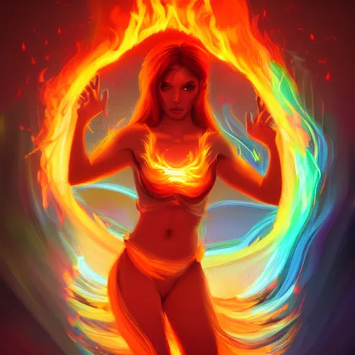 Prompt: ecstatic goddess of fire surrounded by swirling flames and magic, 8k resolution digital painting, cinematic lighting, DeviantArt Artstation, Behance HD, by Jason Felix and Ross Tran, vivid rainbow aventurescence