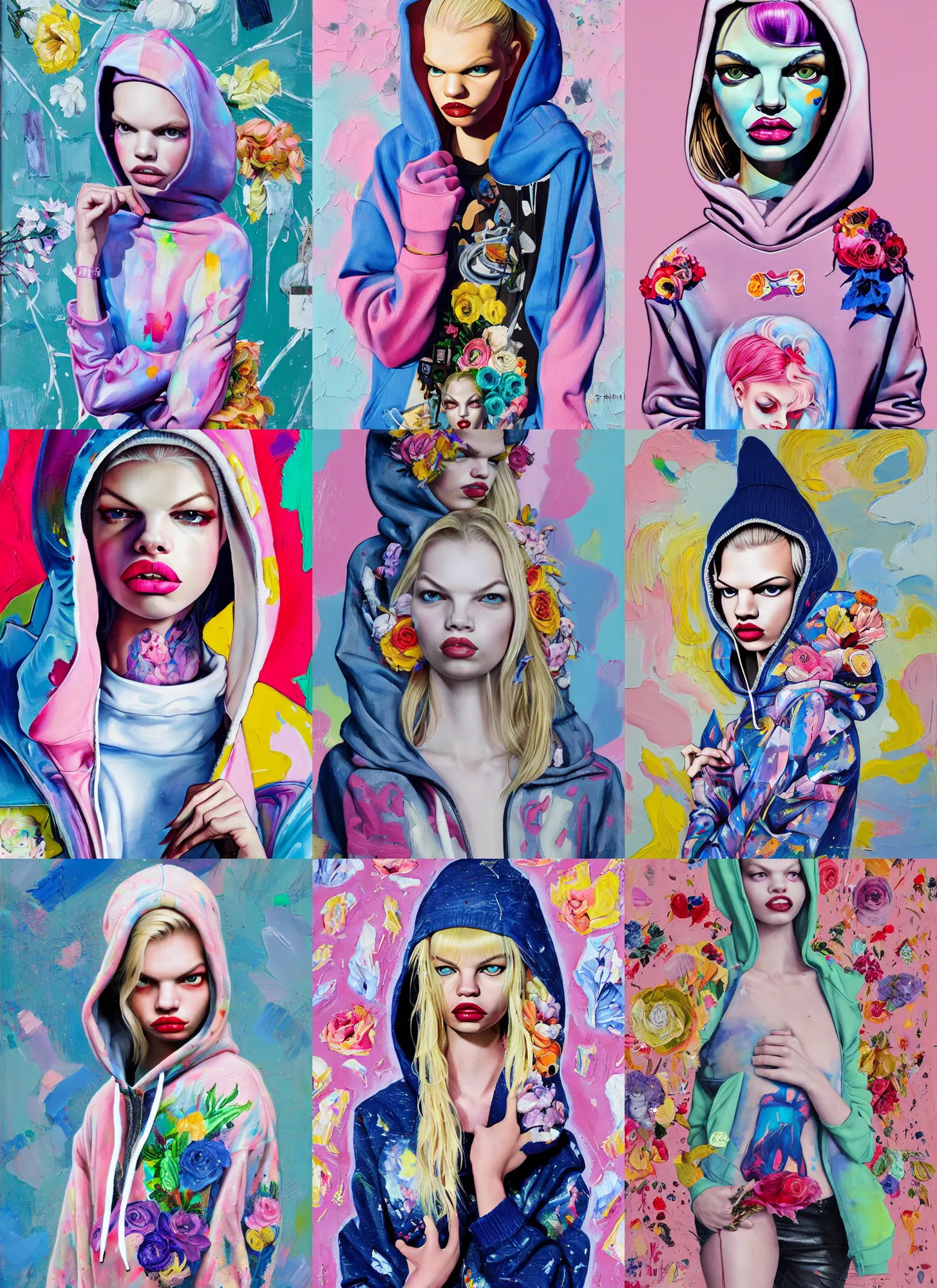 Prompt: daphne groeneveld wearing a hoodie standing in a township street in the style of martine johanna, street clothing, haute couture! fashion!, full figure painting by andrei riabovitchev, tara mcpherson, david choe, decorative flowers, detailed painterly impasto brushwork, pastel color palette, die antwoord