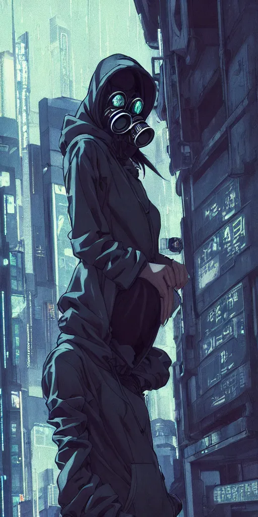 Image similar to cyberpunk anime girl in hoodie, cyberpunk gas mask, 3 / 4 shot, street night, grafity, beautiful face, grafity, arcane, action, tokyo street, detail, good face, pose model, concept art, in style of yoji shinkawa, pan ren wei, col price, atey ghailan, by greg rutkowski, aesthetic