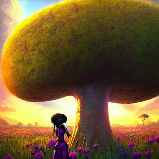 Prompt: an african cyberpunk hacker girl with her headset plugged into a giant glowing baobab tree in the middle of a field of flowers at sunset, by greg rutkowski and android jones in a surreal cyberpunk! style, oil on canvas, 8k hd, synthwave colors!!