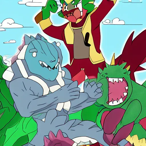 Prompt: steven universe fighting Godzilla in the style of Pokemon