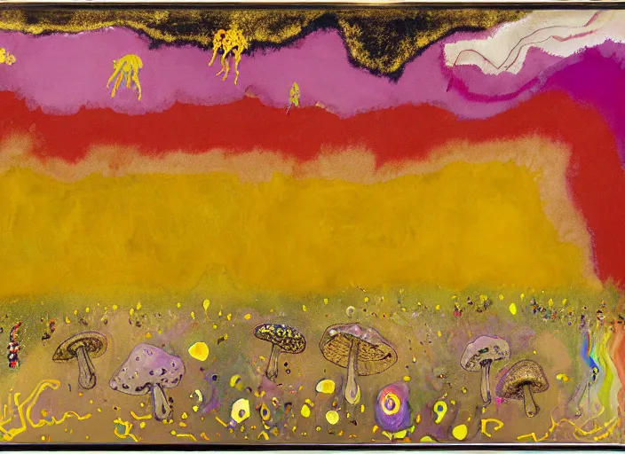 Image similar to expressionistic decollage painting golden armor alien zombie horseman riding on a crystal bone dragon broken rainbow diamond maggot horse in a blossoming meadow full of colorful mushrooms and golden foil toad blobs in a golden sunset, distant forest horizon, painted by Mark Rothko, Helen Frankenthaler, Danny Fox and Hilma af Klint, microsoft paint art, semiabstract, color field painting, byzantine art, jpeg compression artifact, pop art look, naive, outsider art, buff painting. Barnett Newman painting, part by Philip Guston and Frank Stella art by Adrian Ghenie, 8k, extreme detail, intricate detail, masterpiece