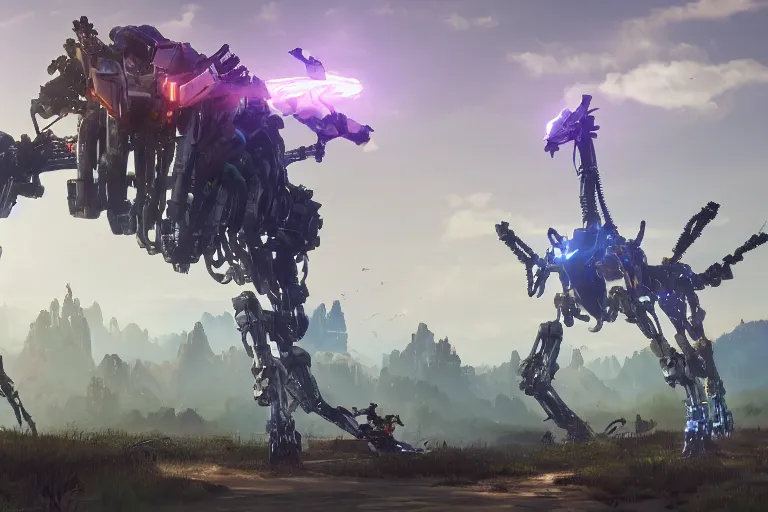 Image similar to longleg machine mecha animal beast robot of horizon forbidden west horizon zero dawn bioluminiscence global illumination ray tracing hdr fanart arstation by sung choi and eric pfeiffer and gabriel garza and casper konefal