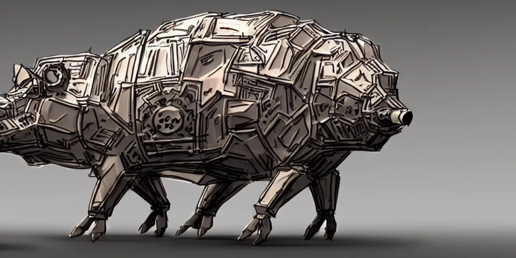 Prompt: concept art for a strong mechanized metal pig machine