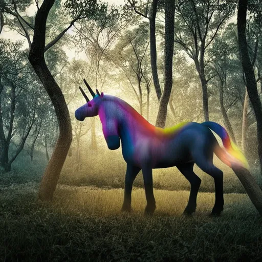 Image similar to close photo of morgan freeman riding an unicorn, in the middle of a forest, in the moonlight, night realism, 4 k, octane render, award winning photograph