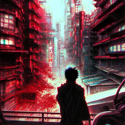 Image similar to tetsuo observing the ruins of neo - tokyo, red cape, akira | anime, matte painting, dystopian megacity neo - tokyo akira, shaded perfect, fine details. realistic shaded lighting anime manga artwork by katsuhiro otomo, akira, artgerm, jeremy lipkin and michael garmash and rob rey