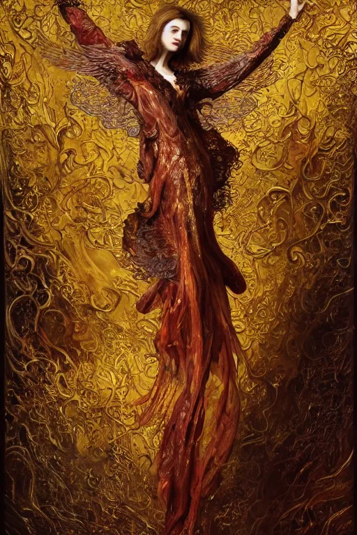 Prompt: breathtaking detailed soft painting of a grim reaper in a flight of birds in liquid gold and gauze dress, by guillermo lorca, a liquid white water splash in bleeding meat and flesh, dynamic pose and movement, in an intricate art nouveau stained glass of meat, rembrandt style, elegant, highly detailed, artstation, concept art, matte, sharp focus,