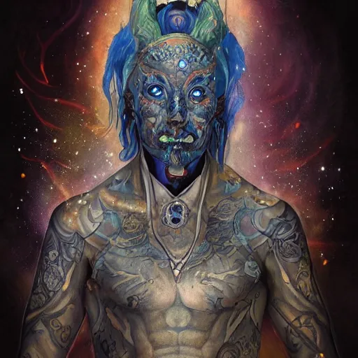 Image similar to a WLOP painting of Very very very very highly detailed mystic, enigmatic, strange portrait of a phantom warrior with galaxy, tattoos by Anton Pieck, intricate, extremely detailed, digital painting, artstation, concept art, smooth, sharp focus, illustration, intimidating lighting, incredible art,