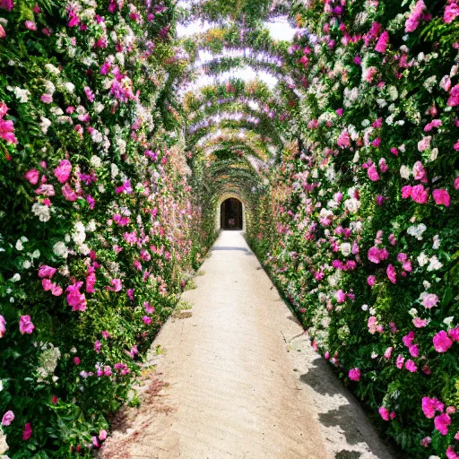 Image similar to photo of an endless heavenly corridor filled with flowers