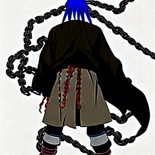 Image similar to A FULL BODY PORTRAIT FROM BEHIND OF MADARA UCHIHA ,THE MAN KEEPS A KUSARIGAMA AND IT IS WRAPPED IN CHAINS ,detailed, concept art, ink style , sketch