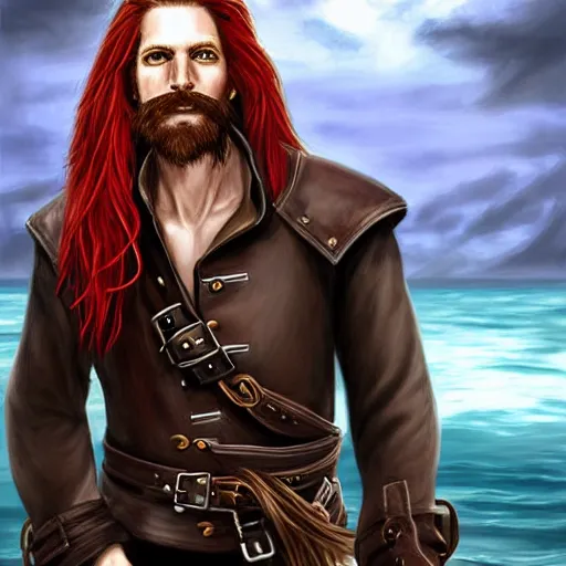 Image similar to portrait of a rugged!!!! male captain with long red hair!!!!!!, upper body, flowing hair, ethereal, handsome, smirk, leather coat, pirate!!!!!!!, ocean, D&D, fantasy, simple clothing!!!!, elegant, highly detailed, digital painting, deviantart, artstation, concept art, sharp focus, illustration, art by Artgerm and Greg Rutkowski and Alphonse Mucha