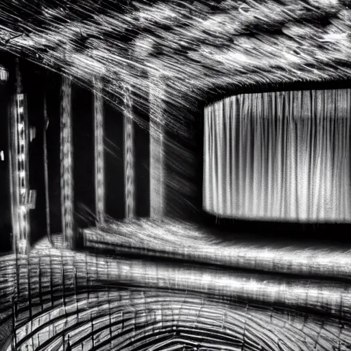 Prompt: a grainy photo of a shadowy figure in a birdcage on a large old abandoned theatre stage, black and white, motion blur, long exposure