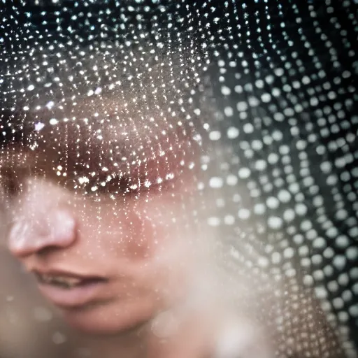 Prompt: a photo of a female made out of hexagons stone, trying to feel the rain, 5 0 mm lens, f 1. 4, sharp focus, ethereal, emotionally evoking, head in focus, volumetric lighting, 8 k