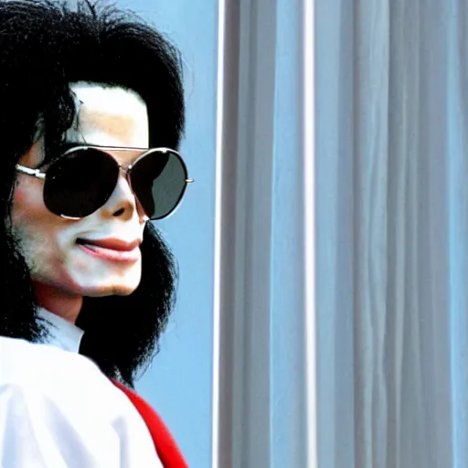 Prompt: michael jackson 2 0 0 9 wearing shades, this is it style, photo real, pores, motion blur, sitting with bubbles the chimp window open, real life, spotted, ultra realistic face, accurate, 4 k, movie still, uhd, sharp, detailed, cinematic, render, modern