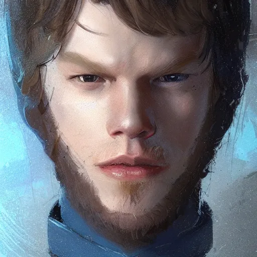 Image similar to portrait of a man by greg rutkowski, jedi knight, he looks like cameron monaghan, short beard, wearing a blue flying jacket, star wars expanded universe, he is about 3 0 years old, highly detailed portrait, digital painting, artstation, concept art, smooth, sharp foccus ilustration, artstation hq