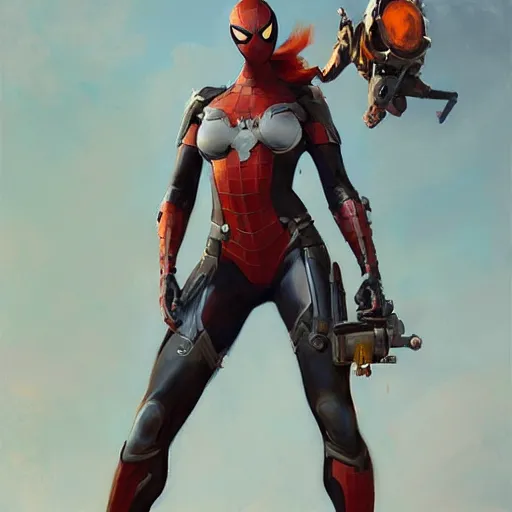 Image similar to greg manchess portrait painting of partially armored female iron spiderman as overwatch character, medium shot, asymmetrical, profile picture, organic painting, sunny day, matte painting, bold shapes, hard edges, street art, trending on artstation, by huang guangjian, gil elvgren, ruan jia, greg rutkowski, gaston bussiere