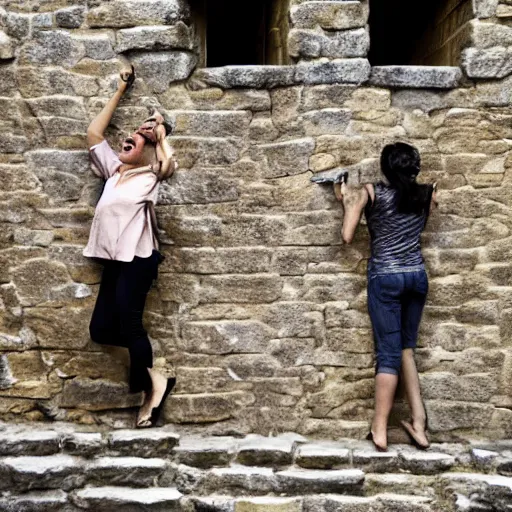 Prompt: faces of celebrities emerging from a stone wall, laughing and swearing at passerby as the people flock to see them react, moody, photoreal, cinematic