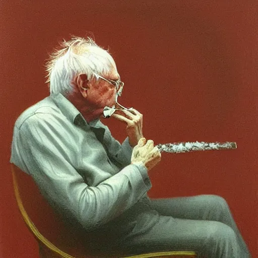 Prompt: a portrait of a calm bernie sanders smoking a blunt, painted by zdzislaw beksinski