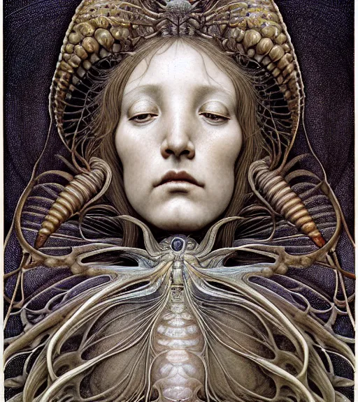 Image similar to detailed realistic beautiful cicada goddess face portrait by jean delville, gustave dore, iris van herpen and marco mazzoni, art forms of nature by ernst haeckel, art nouveau, symbolist, visionary, gothic, neo - gothic, pre - raphaelite, fractal lace, intricate alien botanicals, ai biodiversity, surreality, hyperdetailed ultrasharp octane render