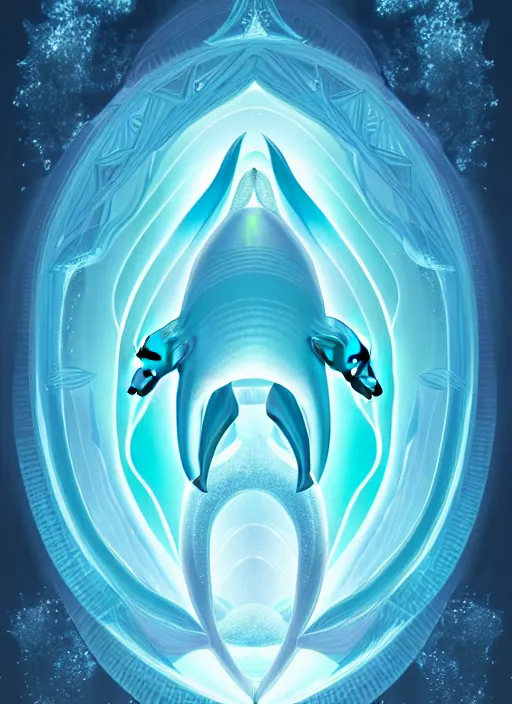 Prompt: symmetry!! product render poster vivid colors divine proportion dolphin, ice and snow, glowing fog intricate, elegant, highly detailed, digital painting, artstation, concept art, smooth, sharp focus, illustration,