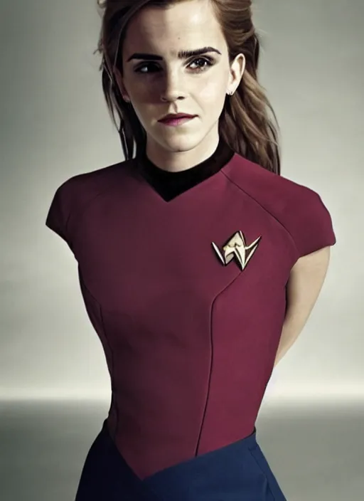 Prompt: photo of a gorgeous Emma Watson in Stark Trek Next Generation uniform by Mario Testino, detailed, full body shot, award winning, Sony a7R