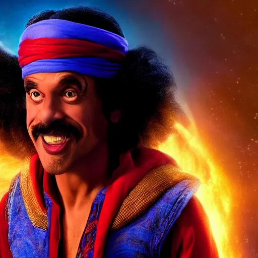 Image similar to doc brown as genie in the movie aladdin, movie still 8 k hdr atmospheric lighting