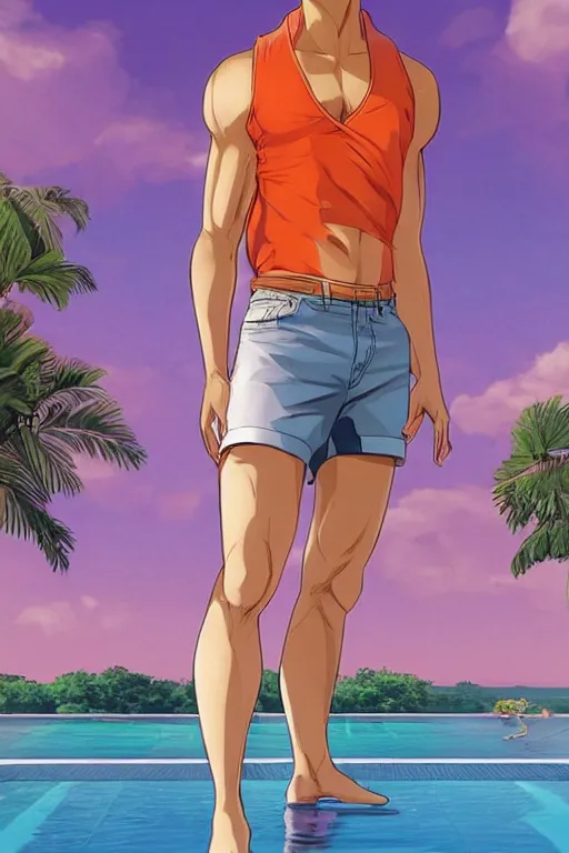 Image similar to a handsome man with blonde hair who is also a male android, ken, muscular, wearing a cut-off white tank top and short light orange shorts, stands by a swimming pool, facing forward, in the style of artgerm and moebius and annie liebovitz, photorealistic, highly detailed