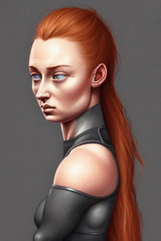 Image similar to Sophie Turner with a ponytail, anatomy, only two hands, highly detailed, digital painting, artstation, concept art, smooth, sharp focus, illustration, Unreal Engine 5, 8K, art by art by artgerm and greg rutkowski and edgar maxence