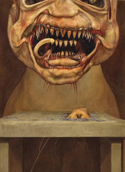 Prompt: a teratoma with crooked mouth and teeth on a plinth in the middle of amuseum room full of people watching in horror painted by hopper and giger