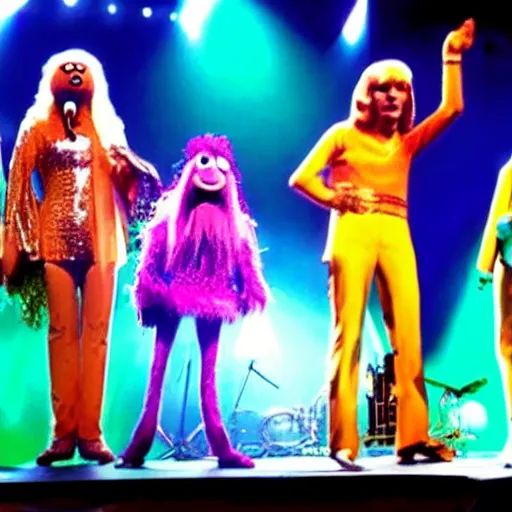 Image similar to music band ABBA as Muppets on stage, stage lighting, ultra realistic details, 4k