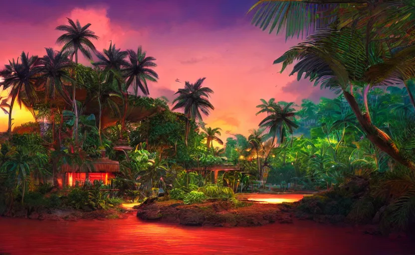 Image similar to a tropical resort in a jungle paradise, with a beautiful red and blue sunset, dynamic lighting, photorealistic fantasy concept art, trending on art station, stunning visuals, creative, cinematic, ultra detailed, ray tracing, sun rays