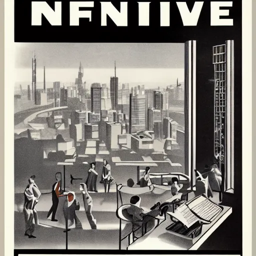 Image similar to 1930s poster of an infinite 70s office view from the bottom and some workers