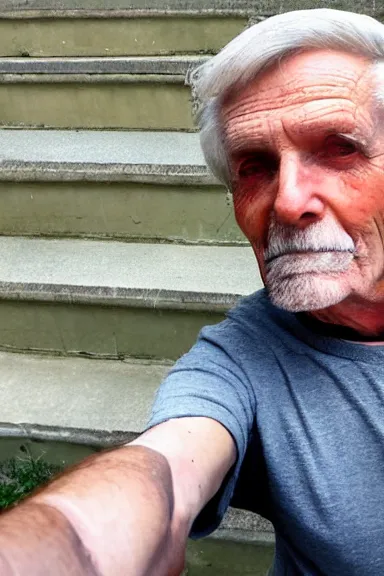 Prompt: a selfie of an old man looking down at the camera