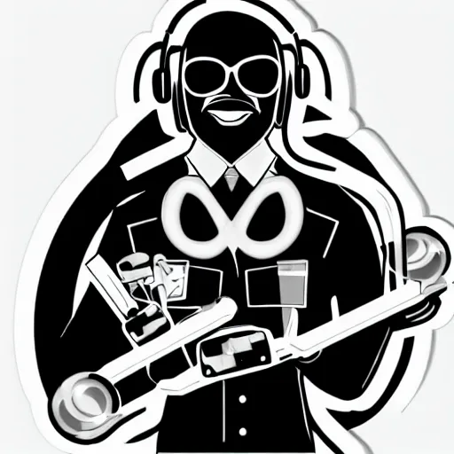 Image similar to svg vector sticker of absolutely insane-mad-scientist-villain, rocking out, wearing headphones, huge speakers, dancing, rave, DJ, spinning records, digital art, amazing composition, rule-of-thirds, award-winning, trending on artstation, featured on deviantart