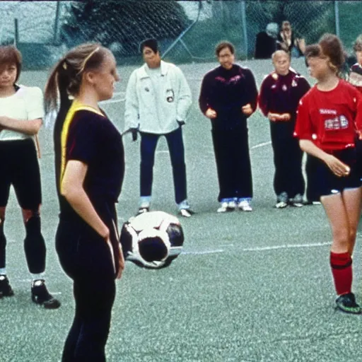 Image similar to robocop 1 9 8 4 coaching a girls'soccer team