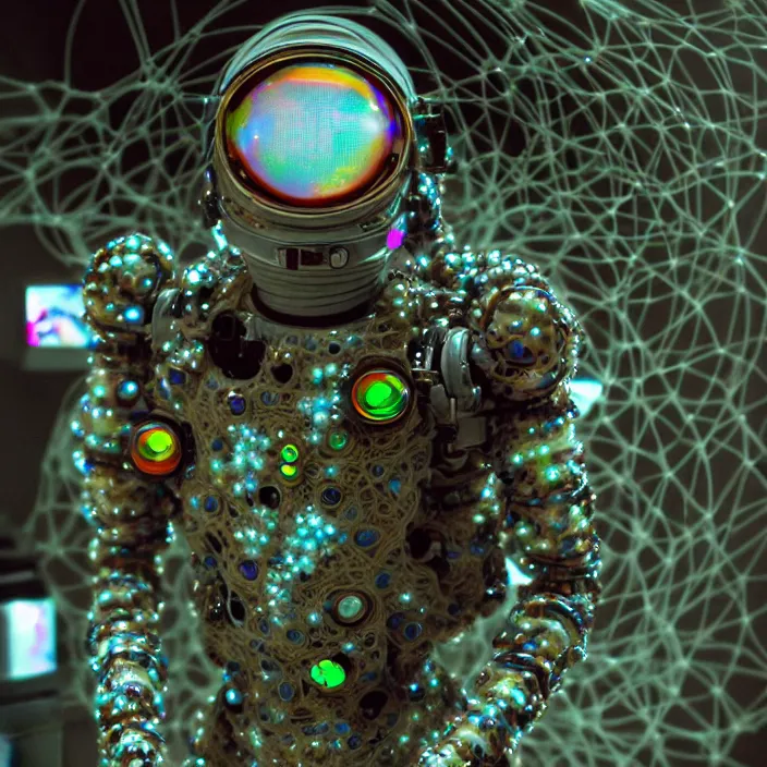 Image similar to a cybernetic symbiosis of a single astronaut mech-organic eva suit made of pearlescent wearing knitted shiny ceramic multi colored yarn thread infected with diamond 3d fractal lace iridescent bubble 3d skin dotted covered with orb stalks of insectoid compound eye camera lenses floats through the living room, film still from the movie directed by Denis Villeneuve with art direction by Salvador Dalí, wide lens,kevlar,carbon fiber,ceramics,gaseous materials,