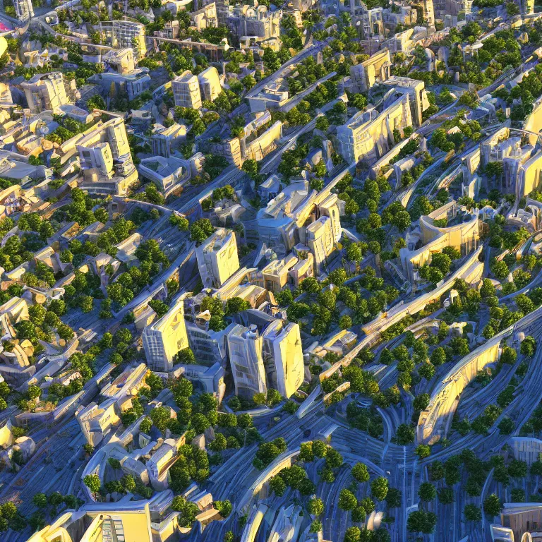 Image similar to a beautiful eco-city center full of skybridges and terraces, sunbeams, golden hour, detailed, realism, 8k high resolution
